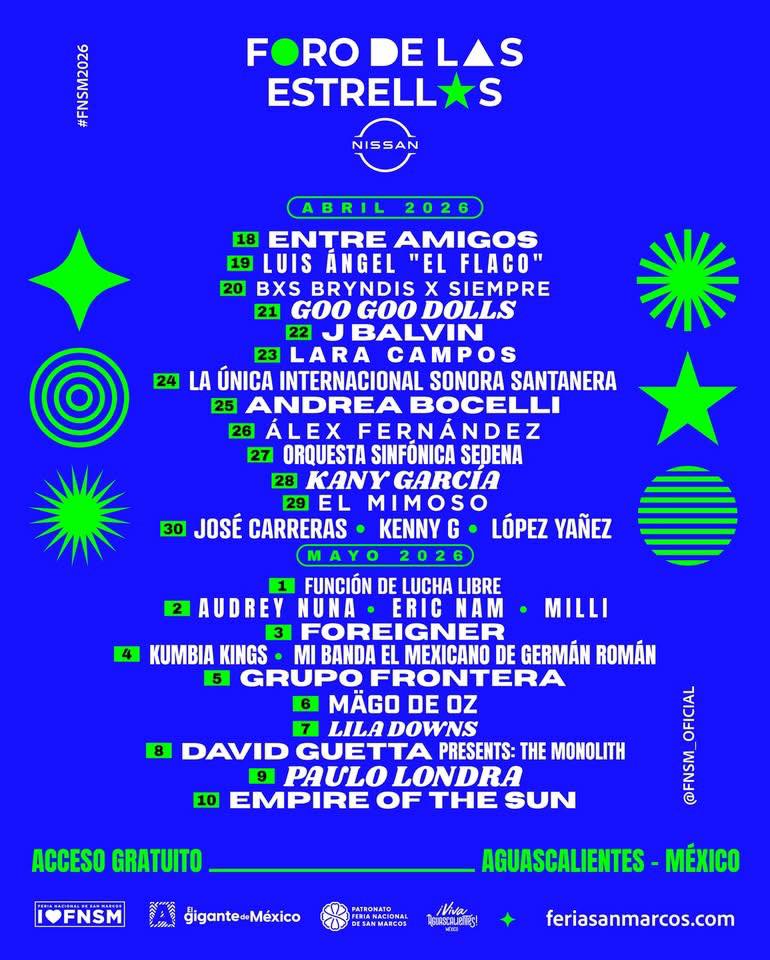 Descubre la programación completa del Foro de las Estrellas 2026 con artistas internacionales como J Balvin, Andrea Bocelli, David Guetta, Goo Goo Dolls y más. Conoce la historia de cada artista y vive la experiencia única de la Feria Nacional de San Marcos.